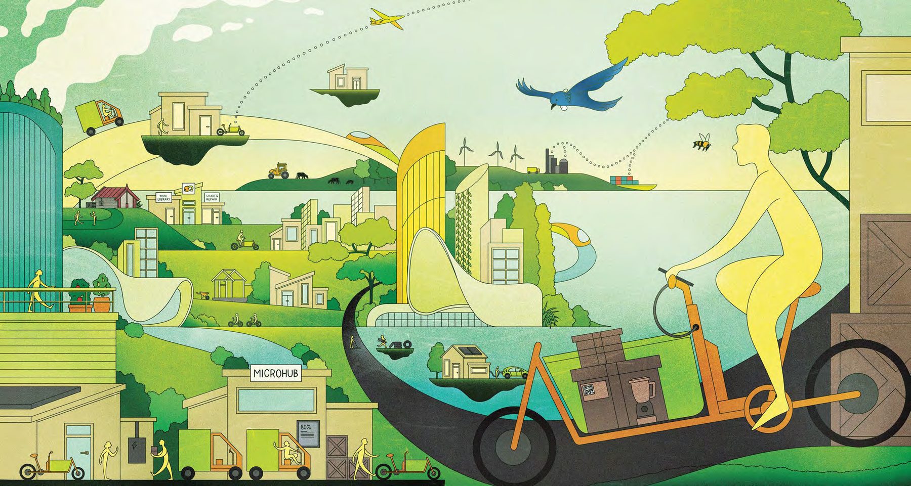 Illustration of circular mobility: cargo bikes delivering from a micro-hub, shared electric vehicles, reusable crates, batteries in second life powering buildings, and roads remade from recovered materials